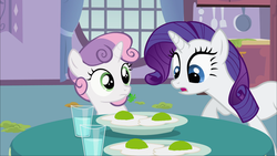 Size: 1920x1080 | Tagged: safe, edit, edited screencap, screencap, rarity, sweetie belle, pony, unicorn, g4, sisterhooves social, dr. seuss, duo, egg (food), female, filly, food, fried egg, green eggs, green eggs and ham, green eggs and no ham, mare, sisters