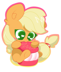 Size: 2984x3544 | Tagged: safe, artist:kittyrosie, part of a set, applejack, earth pony, pony, g4, blonde, chibi, cute, female, food, hatless, heart eyes, high res, jackabetes, macaron, mare, missing accessory, part of a series, simple background, solo, transparent background, wingding eyes
