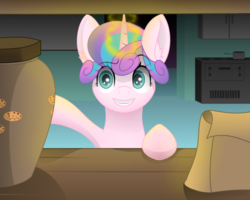 Size: 900x720 | Tagged: safe, artist:zeronitroman, princess flurry heart, pony, g4, cookie, cookie jar, female, filly, food, kitchen, magic, night, older, older flurry heart, solo