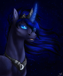 Size: 700x850 | Tagged: safe, artist:dachiia, princess luna, alicorn, pony, g4, curved horn, ear fluff, ethereal mane, female, glowing horn, hoers, horn, jewelry, looking at you, mare, regalia, solo, starry mane, starry night