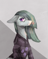 Size: 1064x1303 | Tagged: safe, artist:lonerdemiurge_nail, marble pie, earth pony, pony, g4, bust, cigarette, clothes, female, floppy ears, hoodie, portrait, smoking, solo