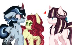 Size: 1280x802 | Tagged: safe, artist:vintage-owll, oc, oc only, oc:northern star, earth pony, pony, unicorn, base used, coat markings, colored sclera, crack ship offspring, curved horn, female, floating heart, floppy ears, gay, heart, horn, male, mare, oc x oc, offspring, offspring shipping, parent:cherry jubilee, parent:flam, parent:flash sentry, parent:king sombra, parent:trixie, parent:twilight sparkle, parents:cherryflam, parents:flashlight, parents:trixbra, raised hoof, shipping, simple background, stallion, transparent background