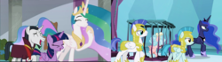Size: 2048x576 | Tagged: safe, edit, edited screencap, screencap, chancellor neighsay, cozy glow, guardian angel (g4), princess celestia, princess luna, twilight sparkle, alicorn, pegasus, pony, unicorn, g4, school raze, armor, cage, cozybuse, cute, ethereal mane, female, filly, foal, guardsmare, laughing, male, mare, op is right, prison, royal guard, school, school of friendship, serious, serious face, smiling, stallion, starry mane, tartarus, twilight sparkle (alicorn)