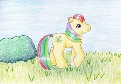 Size: 1024x713 | Tagged: safe, artist:normaleeinsane, baby tic tac toe, pony, g1, baby, female, solo, traditional art