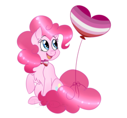 Size: 3457x3205 | Tagged: safe, artist:dippindott, pinkie pie, earth pony, pony, g4, balloon, bowtie, female, high res, lesbian pride flag, mare, pride, pride flag, simple background, sitting, transparent background