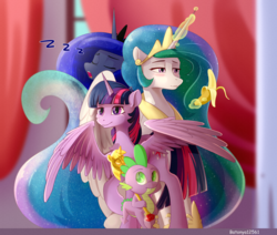 Size: 3236x2738 | Tagged: safe, artist:batonya12561, princess celestia, princess luna, spike, twilight sparkle, alicorn, dragon, pony, g4, alicorn triarchy, banana, bananalestia, eyes closed, female, food, glowing horn, group, group photo, high res, horn, magic, majestic as fuck, male, mare, scepter, sleeping, telekinesis, twilight scepter, twilight sparkle (alicorn), wings, zzz