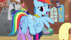 Size: 1280x720 | Tagged: safe, screencap, applejack, rainbow dash, twilight sparkle, pony, g4, keep calm and flutter on, big crown thingy, butt, element of loyalty, element of magic, elements of harmony, female, jewelry, mare, plot, rainbutt dash, regalia, solo focus