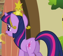 Size: 814x720 | Tagged: safe, screencap, twilight sparkle, pony, unicorn, g4, keep calm and flutter on, big crown thingy, butt, cropped, element of magic, female, jewelry, mare, plot, regalia, solo, unicorn twilight