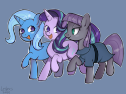 Size: 1280x960 | Tagged: safe, artist:leslers, maud pie, starlight glimmer, trixie, earth pony, pony, unicorn, g4, cute, diatrixes, eye clipping through hair, female, glimmerbetes, gray background, mare, maudabetes, no pupils, open mouth, simple background, smiling, the amazing trio of friendship, trio