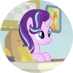 Size: 300x300 | Tagged: safe, edit, screencap, starlight glimmer, pony, unicorn, g4, road to friendship, animated, blinking, chair, circle, cropped, desk, female, guidance counselor, hooves on the table, listening, loop, mare, school of friendship, sitting, solo, starlight's office
