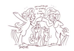 Size: 3314x2301 | Tagged: safe, artist:jowyb, princess cadance, starlight glimmer, trixie, twilight sparkle, alicorn, pony, unicorn, g4, road to friendship, awkward, bipedal, dialogue, female, friendship chant, grin, high res, mare, nervous, nervous smile, simple background, smiling, sweat, twilight sparkle (alicorn), white background