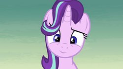 Size: 1920x1080 | Tagged: safe, edit, edited screencap, screencap, starlight glimmer, pony, unicorn, g4, road to friendship, cute, female, glimmerbetes, inverted mouth, looking down, mare, smiling, solo