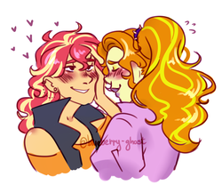 Size: 1024x853 | Tagged: safe, artist:ghostofblueberries, adagio dazzle, sunset shimmer, equestria girls, g4, my little pony equestria girls: better together, blushing, female, hand on cheek, heart, lesbian, ship:sunsagio, shipping