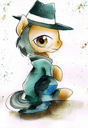 Size: 400x578 | Tagged: safe, artist:mashiromiku, igneous rock pie, earth pony, pony, g4, clothes, commission, hat, kimono (clothing), male, sitting, solo, traditional art, watercolor painting