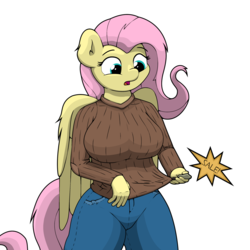 Size: 2236x2236 | Tagged: safe, artist:ljdamz1119, fluttershy, pegasus, anthro, g4, big breasts, breasts, busty fluttershy, clothes, female, high res, jeans, pants, simple background, solo, sweater, sweater puppies, sweatershy, white background