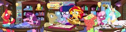 Size: 1800x465 | Tagged: safe, artist:pixelkitties, big macintosh, cheerilee, derpy hooves, doctor whooves, princess celestia, sci-twi, sugar belle, sunset shimmer, time turner, tree hugger, twilight sparkle, alicorn, earth pony, human, pony, unicorn, equestria girls, equestria girls series, g4, abobo, battlecloud, battleship, black forest cake, board game, book, bookshelf, cake, cakelestia, call of cthulhu, cavity sam, crown, dice, doctor who, female, food, game, geode of empathy, geode of telekinesis, gurps, hera syndulla, implied cake, jewelry, lament configuration, lego, male, mare, operation, portal, portal (valve), regalia, ship:sugarmac, shipping, show accurate, sonic screwdriver, stallion, star destroyer, star wars, straight, stratego, table, tabletop game, the doctor, tie fighter, x-wing, yu-gi-oh!