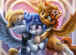 Size: 2873x2064 | Tagged: safe, artist:vanillaghosties, oc, oc only, oc:melodia, oc:serenity, oc:white feather, earth pony, pegasus, pony, clothes, cute, eyes closed, group hug, high res, hug, ocbetes, one eye closed, open mouth, scarf, serenither, smiling, spread wings, trio, wings