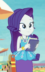 Size: 384x616 | Tagged: safe, screencap, rarity, equestria girls, equestria girls series, g4, rollercoaster of friendship, animated, blinking, book, cropped, cute, eyeshadow, female, geode of shielding, gif, makeup, raribetes, rarity peplum dress, smiling, solo