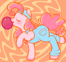 Size: 1396x1330 | Tagged: safe, artist:breezietype, pinkie pie, earth pony, pony, g4, abstract background, backwards ballcap, baseball cap, bubblegum, cap, dungarees, eyes closed, female, food, gum, hat, mare, profile, scrunchie, scrunchy face