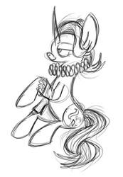 Size: 502x727 | Tagged: safe, artist:twilightcomet, starlight glimmer, pony, unicorn, g4, black and white, clothes, collar, cuffs (clothes), curved horn, dress, elizabethan, female, grayscale, horn, mare, monochrome, ruff (clothing), simple background, sketch, smiling, solo