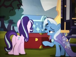Size: 4032x3024 | Tagged: safe, screencap, starlight glimmer, trixie, pony, unicorn, g4, road to friendship, butt, cape, clothes, duo, female, glimmer glutes, lowres, mare, out of context, plot, trixie's cape