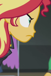 Size: 491x720 | Tagged: safe, screencap, sunset shimmer, equestria girls, g4, my little pony equestria girls: better together, rarity investigates: the case of the bedazzled boot, cropped, female, stare, stare down