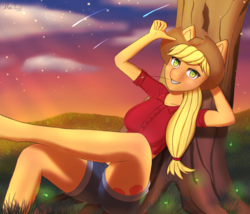 Size: 3500x3000 | Tagged: safe, artist:mintjuice, applejack, firefly (insect), anthro, g4, cloud, evening, female, grass, high res, hill, looking at you, shooting star, sitting, smiling, solo, stars, straw, straw in mouth, tree