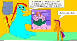 Size: 1222x658 | Tagged: safe, artist:jacobfoolson, rainbow dash, scootaloo, g4, 1000 hours in ms paint, cosmopolitan, deliberately crude, fat, needs more saturation, nightmare fuel, obese, tess holiday