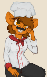 Size: 591x957 | Tagged: safe, artist:marsminer, oc, oc only, oc:venus spring, anthro, braces, chef, chef's hat, facial hair, female, hat, moustache, smiling, solo, venus spring actually having a pretty good time