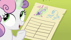 Size: 1280x720 | Tagged: safe, screencap, sweetie belle, pony, unicorn, g4, my little pony: friendship is magic, surf and/or turf, female, filly, foal, list, magic, mount aris, pencil, seaquestria, solo, telekinesis