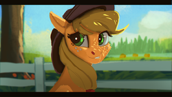 Size: 1920x1080 | Tagged: safe, artist:hierozaki, applejack, earth pony, pony, g4, cowboy hat, female, fence, hat, letterboxing, mare, smiling, solo, stetson