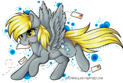 Size: 1024x693 | Tagged: safe, artist:julunis14, derpy hooves, pegasus, pony, female, letter, mare, mouth hold, simple background, solo, traditional art, transparent background