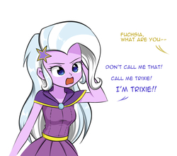 Size: 716x630 | Tagged: safe, artist:twilite-sparkleplz, fuchsia blush, trixie, equestria girls, g4, clothes, clothes swap, dialogue, female, information stupor highway, namesake, offscreen character, parody, pun, solo, the fairly oddparents, trixie tang, wig