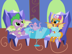 Size: 4000x3000 | Tagged: safe, artist:rainbowtashie, smolder, spike, dragon, g4, what lies beneath, clothes, cup, cupcake, dragoness, dress, female, food, gem, jewelry, male, princess smolder, ship:spolder, shipping, straight, table, tea party, teacup, tiara, winged spike, wings