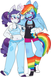 Size: 1248x1907 | Tagged: safe, artist:drmedrick, rainbow dash, rarity, pegasus, unicorn, anthro, g4, armpits, belly button, blushing, chest fluff, chubby, clothes, converse, cycling shorts, ear fluff, female, heart, heart eyes, kiss mark, lesbian, lipstick, open mouth, pants, rainbow socks, ship:raridash, shipping, shoes, simple background, smiling, sneakers, socks, sports bra, striped socks, sweatpants, tank top, transparent background, water bottle, watermark, wingding eyes