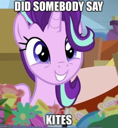 Size: 500x542 | Tagged: safe, edit, edited screencap, screencap, starlight glimmer, pony, unicorn, g4, road to friendship, female, flower, happy, image macro, mare, meme, smiling, solo, that pony sure does love kites