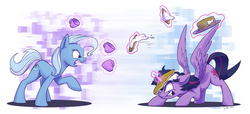 Size: 2000x909 | Tagged: safe, artist:tsitra360, trixie, twilight sparkle, alicorn, pony, unicorn, g4, angry, crouching, cup, duo, fight, food, food fight, glowing horn, horn, horn impalement, i'm pancake, levitation, magic, pancakes, plate, raised hoof, teacup, telekinesis, that pony sure does love teacups, twilight sparkle (alicorn)