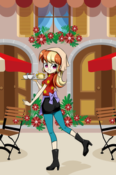 Size: 800x1200 | Tagged: safe, artist:twilite-sparkleplz, oc, oc only, oc:mandarine mélange, equestria girls, g4, boots, clothes, cuphead, cuphead (character), cute, high heel boots, leggings, miniskirt, moe, ms. chalice, mugman, shoes, skirt, solo, waitress