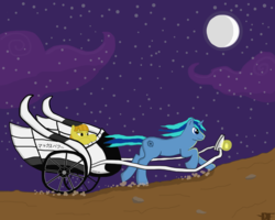 Size: 3500x2800 | Tagged: safe, artist:devfield, oc, oc only, oc:golden star, pegasus, pony, unicorn, chariot, female, frown, high res, initial d, lantern, lidded eyes, mare, moon, night, outdoors, racing, raised hoof, reference, running, serious, stars, two toned mane, two toned tail