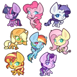 Size: 1000x1000 | Tagged: safe, artist:ak4neh, applejack, fluttershy, pinkie pie, rainbow dash, rarity, starlight glimmer, sunset shimmer, twilight sparkle, alicorn, pony, g4, chibi, mane six, simple background, starry eyes, transparent background, twilight sparkle (alicorn), wingding eyes