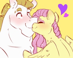 Size: 2000x1600 | Tagged: safe, artist:canisrettmajoris, bulk biceps, fluttershy, pegasus, pony, g4, blushing, digital art, eyes closed, female, heart, kissing, looking at each other, male, mare, nuzzling, ship:flutterbulk, shipping, simple background, smiling, stallion, straight, yellow background