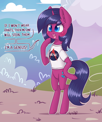 Size: 2904x3472 | Tagged: safe, artist:dsp2003, oc, oc only, oc:fizzy pop, pony, unicorn, semi-anthro, arm hooves, arse, bipedal, blushing, clothes, cloud, commission, cute, female, genius, high res, mare, open mouth, shirt, signature, single panel, solo, t-shirt