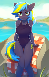 Size: 1273x2002 | Tagged: safe, artist:fensu-san, oc, oc only, oc:ultra marine, earth pony, anthro, anthro oc, beach, both cutie marks, clothes, female, looking at you, mare, one-piece swimsuit, rule 63, sitting, solo, swimsuit, thigh gap, underass