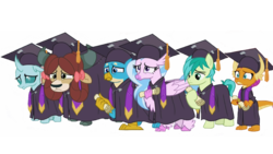 Size: 1280x720 | Tagged: dead source, safe, editor:lonely fanboy48, gallus, ocellus, sandbar, silverstream, smolder, yona, changedling, changeling, classical hippogriff, dragon, earth pony, griffon, hippogriff, pony, yak, g4, school raze, background removed, bow, clothes, cloven hooves, colored hooves, cute, diaocelles, diastreamies, disappointed, dragoness, female, gallabetes, graduation, hair bow, jewelry, male, monkey swings, necklace, sandabetes, simple background, smolderbetes, student six, teenager, transparent background, yonadorable