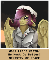 Size: 1300x1600 | Tagged: safe, artist:brainiac, fluttershy, pegasus, pony, fallout equestria, g4, anti-war, clothes, female, mare, ministry of peace, nurse, propaganda, sad, solo, text