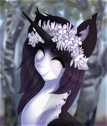 Size: 2115x2485 | Tagged: safe, artist:tigra0118, oc, oc only, pony, bust, eyes closed, female, floral head wreath, flower, forest, high res, portrait, solo, wreath