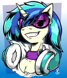 Size: 1054x1215 | Tagged: safe, artist:duragan, dj pon-3, vinyl scratch, anthro, g4, breasts, cleavage, female, headphones, jewelry, necklace, solo, sunglasses
