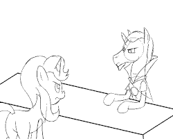 Size: 500x400 | Tagged: safe, artist:artattax, chancellor neighsay, starlight glimmer, pony, unicorn, g4, animated, black and white, book, butt, death, decapitated, decapitation, female, grayscale, gulag, harsher in hindsight, male, mare, mcbain, monochrome, murder, plot, stallion, the simpsons