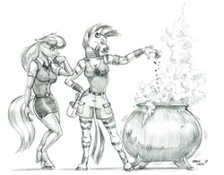 Size: 1400x1092 | Tagged: safe, artist:baron engel, cheerilee, zecora, zebra, anthro, unguligrade anthro, g4, cauldron, clothes, grayscale, monochrome, nervous, pencil drawing, simple background, story in the source, this will end in explosions, traditional art, white background