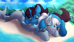 Size: 3840x2160 | Tagged: safe, artist:sugaryviolet, oc, oc only, oc:altus bastion, oc:lacera viscera, oc:lucent, original species, pony, shark pony, unicorn, adorable face, beach, bioluminescent, blushing, boop, cuddling, cute, female, giant pony, giant unicorn, glowing, grin, happy, high res, lying down, macro, male, mare, ocean, palm tree, ponytail, signature, smiling, stallion, tickling, tongue out, tooth, tree, tropical